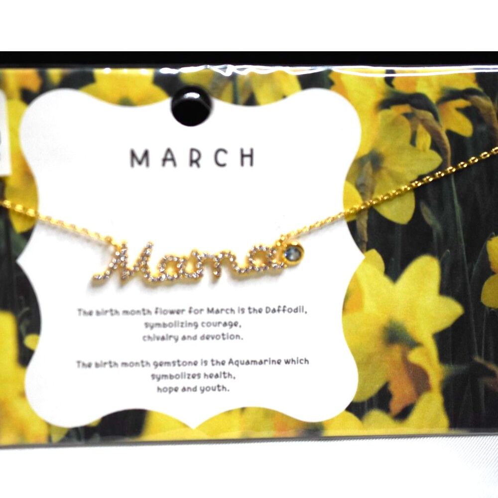 NIP March Gold Tone "Mama" Crystal Accent Birthstone Charm15.5" Necklace